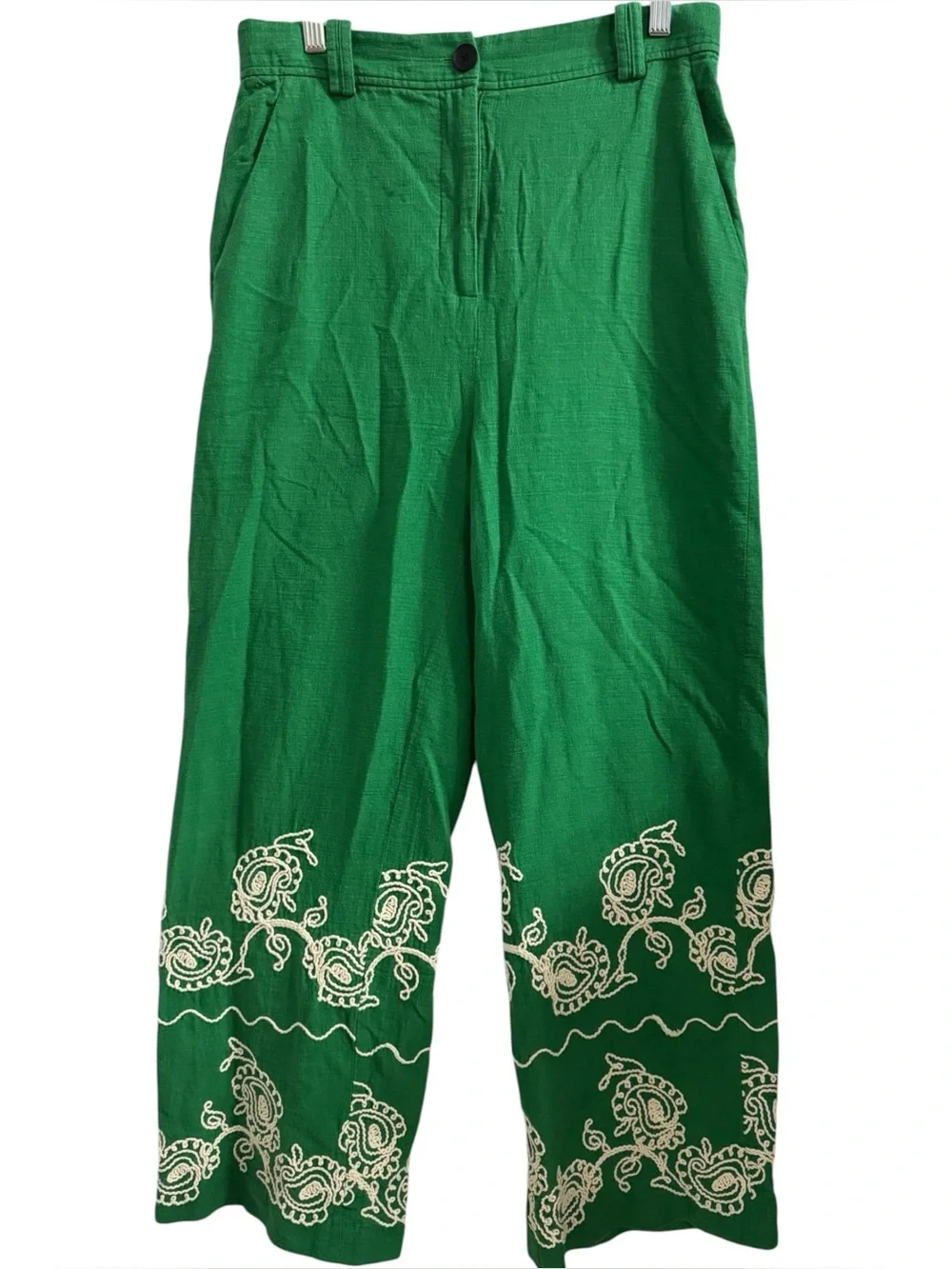 ZARA Green Embroidered Wide Leg Linen Blend Trousers